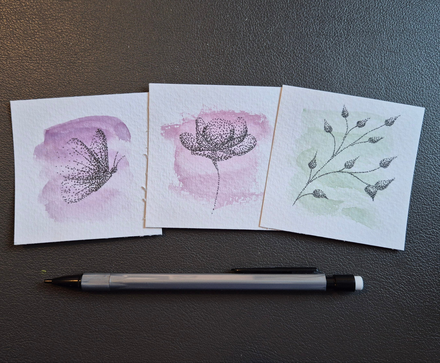 Leaves, Flower and Butterfly - Dotwork Original